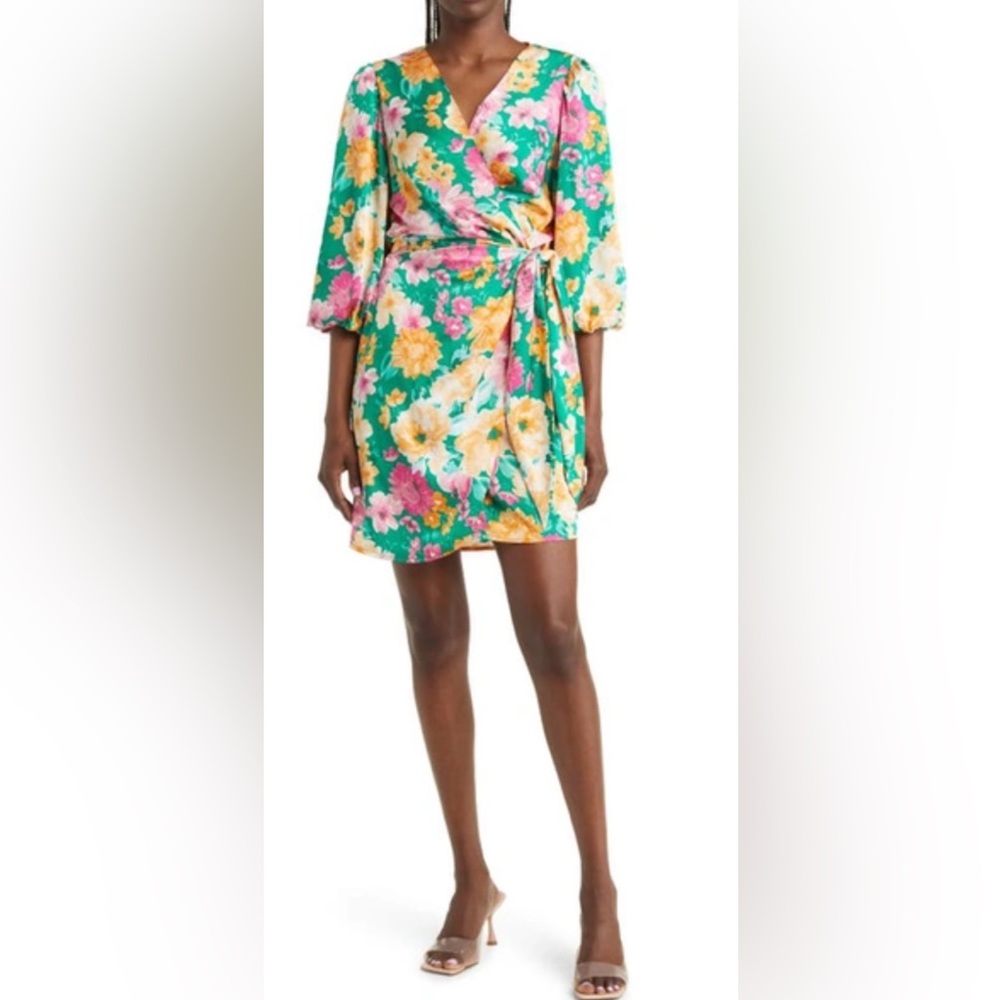 Charles Henry Dress Green Multi Floral Satin Wrap Bubble Sleeve Side Tie EUC M